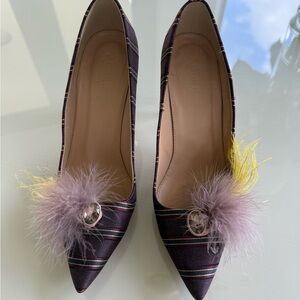 J. Crew Purple and Yellow Striped Heels with Feather Accent